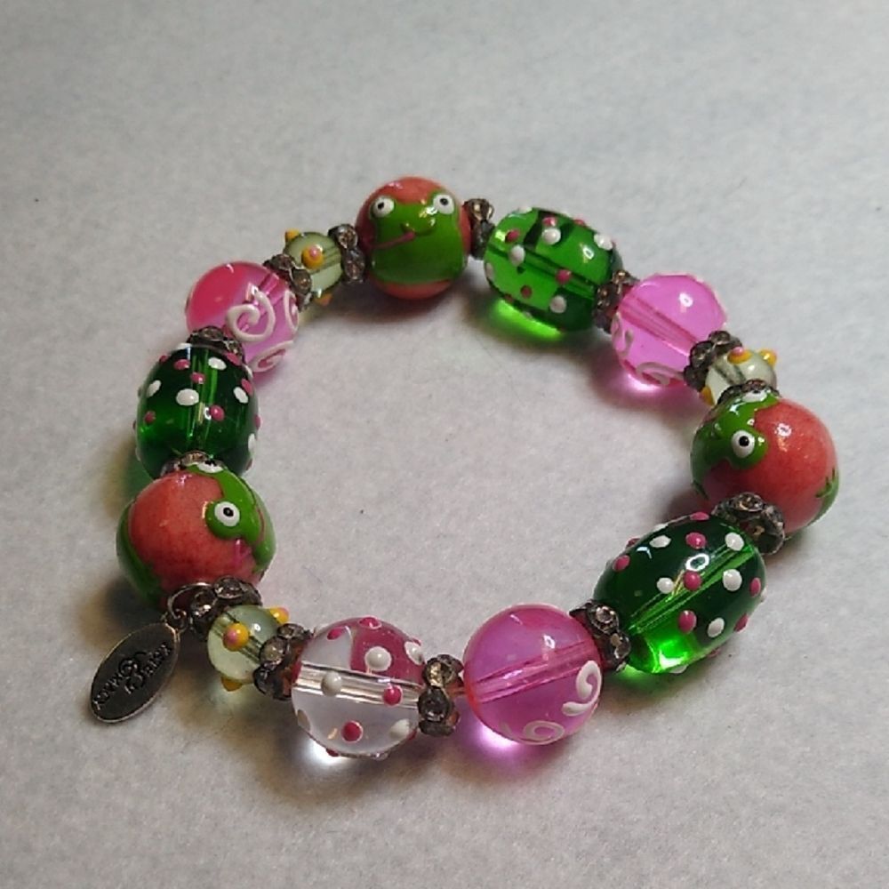 Kate& Macy Colorful Beaded Stretch Bracelet Metal tag Cottagecore